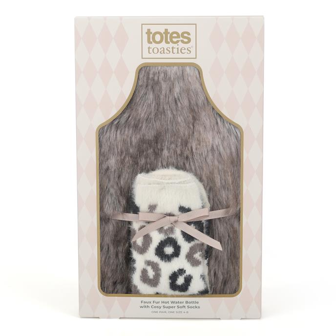 totes toasties® Ladies Tipped Faux Fur Hot Water Bottle & Super Soft Sock Set Brown Extra Image 8